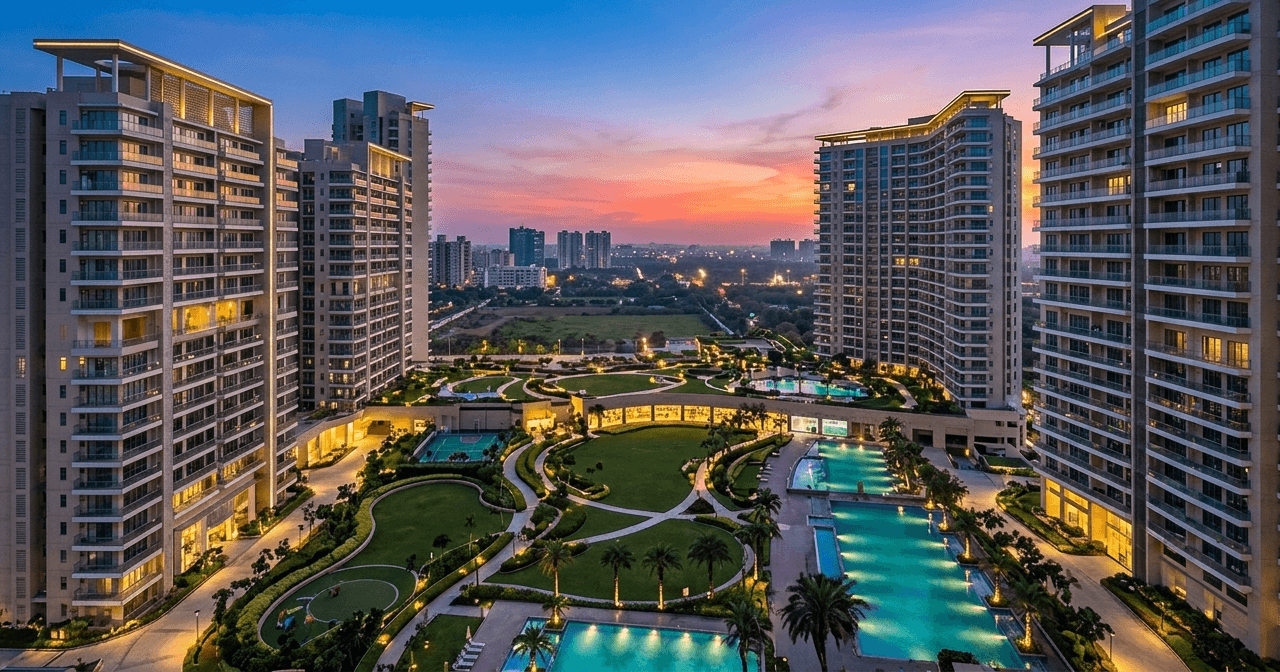 Aerial view of a contemporary residential complex in Noida at twilight, featuring architecturally designed buildings, illuminated swimming pools, lush green gardens, and paved pathways, highlighting serene urban living.