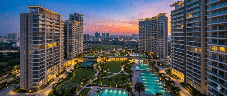 Aerial view of a contemporary residential complex in Noida at twilight, featuring architecturally designed buildings, illuminated swimming pools, lush green gardens, and paved pathways, highlighting serene urban living.