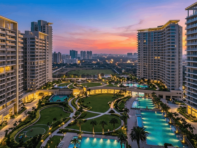 Aerial view of a contemporary residential complex in Noida at twilight, featuring architecturally designed buildings, illuminated swimming pools, lush green gardens, and paved pathways, highlighting serene urban living.