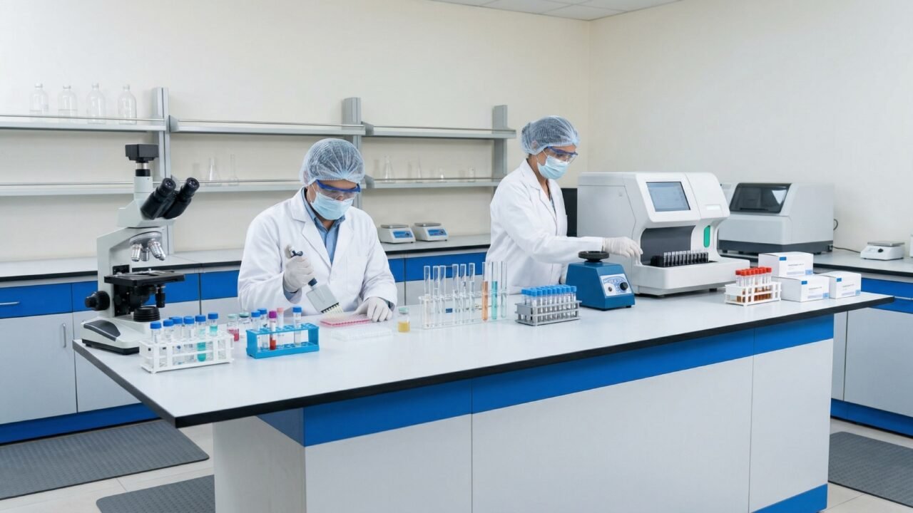 Scientists working in a biomedical quality control laboratory similar to NIB Noida