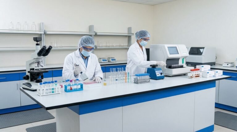 Scientists working in a biomedical quality control laboratory similar to NIB Noida