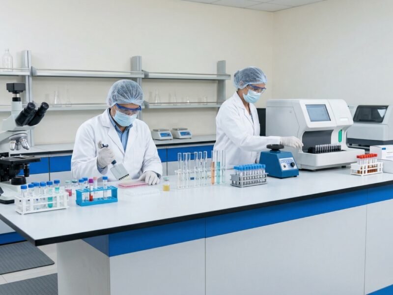 Scientists working in a biomedical quality control laboratory similar to NIB Noida