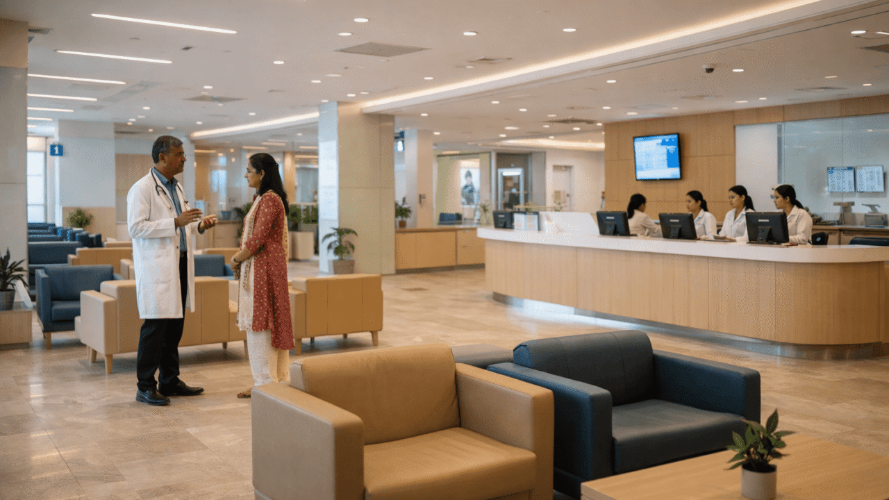 A bright, modern hospital reception area in Noida, featuring comfortable seating, a professional reception desk, and subtle interactions between medical staff and visitors, conveying a sense of advanced care and comfort.