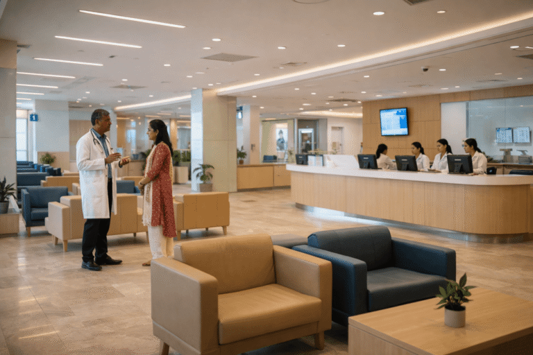 A bright, modern hospital reception area in Noida, featuring comfortable seating, a professional reception desk, and subtle interactions between medical staff and visitors, conveying a sense of advanced care and comfort.