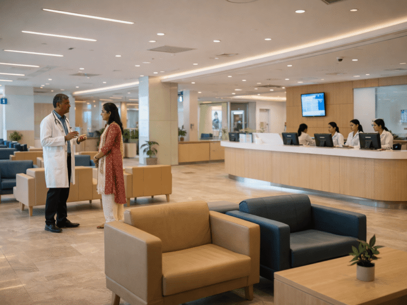 A bright, modern hospital reception area in Noida, featuring comfortable seating, a professional reception desk, and subtle interactions between medical staff and visitors, conveying a sense of advanced care and comfort.