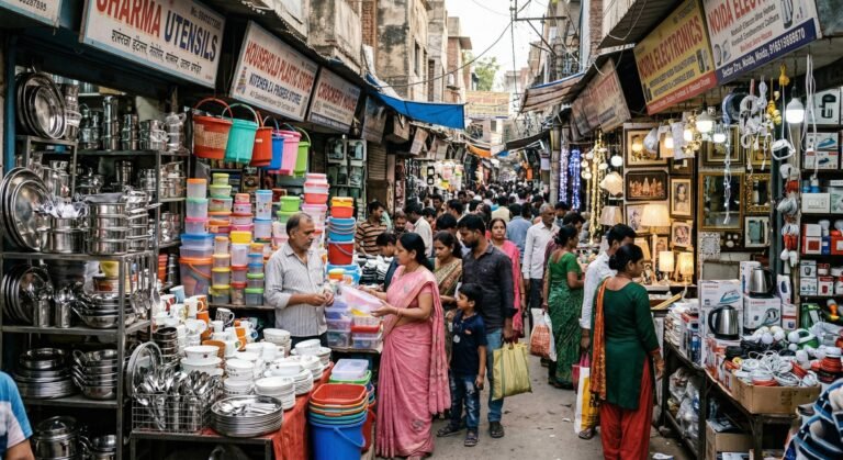 Busy local market scene with kitchenware, household items and electrical goods in Noida