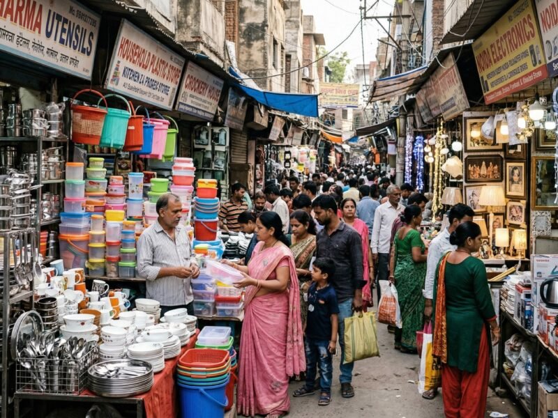 Busy local market scene with kitchenware, household items and electrical goods in Noida