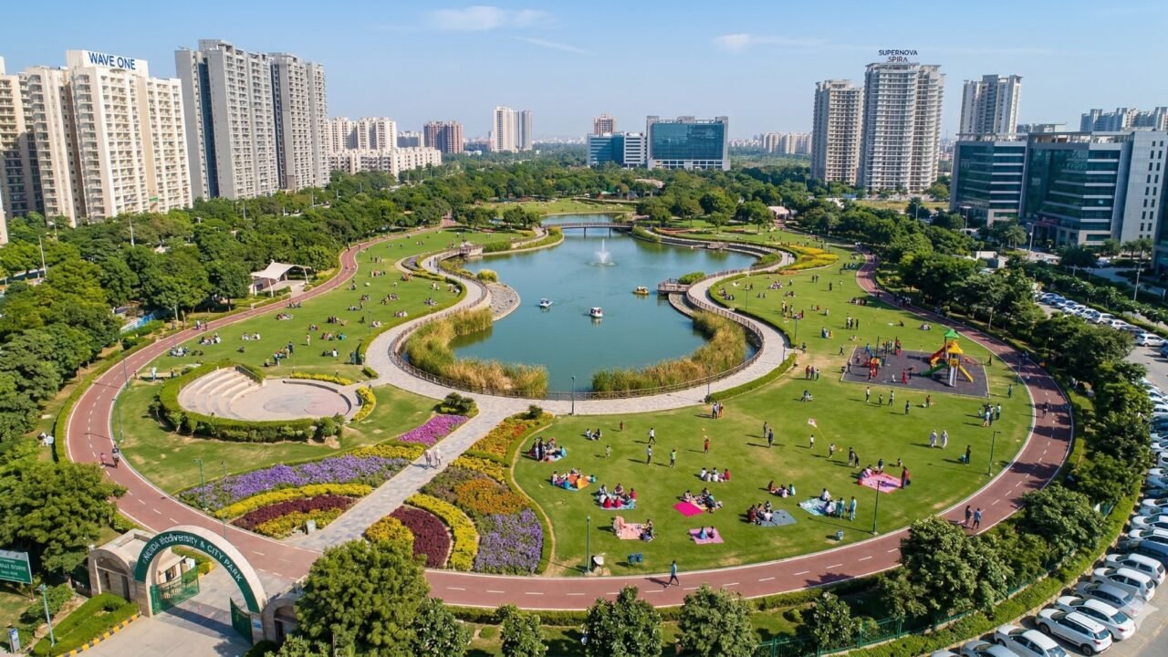 A large urban park with a lake, walking tracks, lawns, and families in Noida