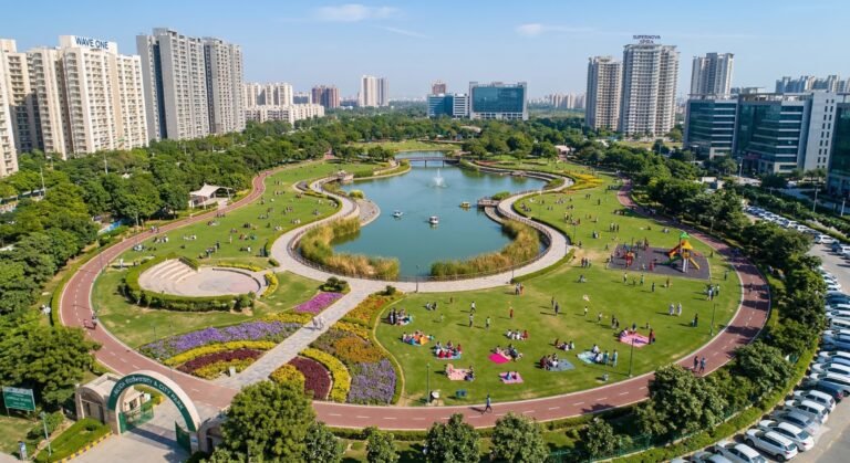 A large urban park with a lake, walking tracks, lawns, and families in Noida