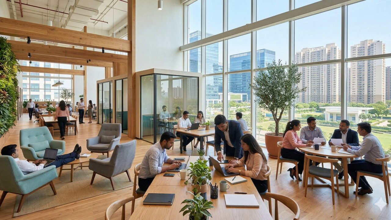 Professionals working productively in a modern, brightly lit co-working space in Noida with various work zones, natural light, and green plants.