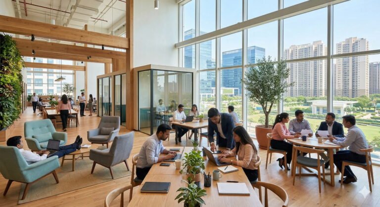 Professionals working productively in a modern, brightly lit co-working space in Noida with various work zones, natural light, and green plants.