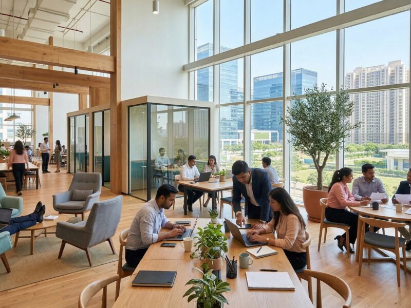 Professionals working productively in a modern, brightly lit co-working space in Noida with various work zones, natural light, and green plants.