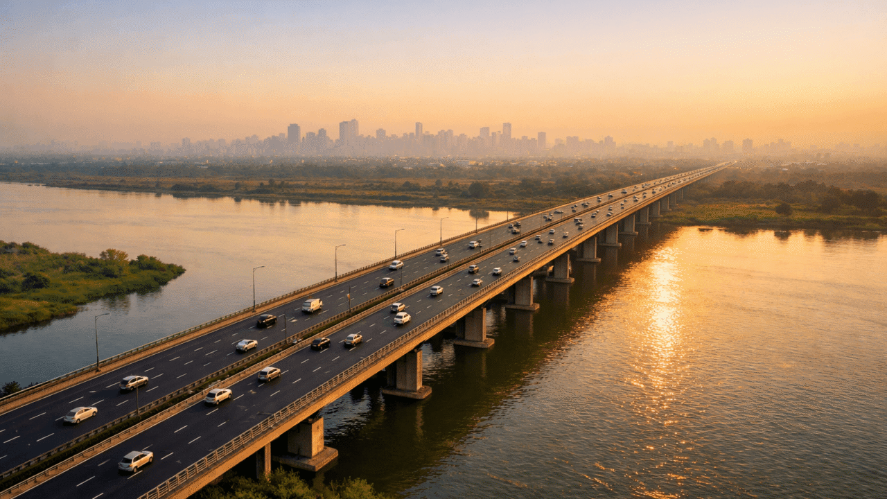 Aerial view of a multi-lane elevated bridge crossing the Yamuna River connecting Noida to Delhi with city skyline visible in the background at golden hour, 2026