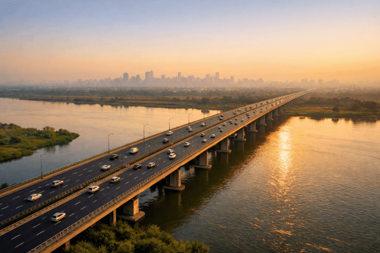 Aerial view of a multi-lane elevated bridge crossing the Yamuna River connecting Noida to Delhi with city skyline visible in the background at golden hour, 2026