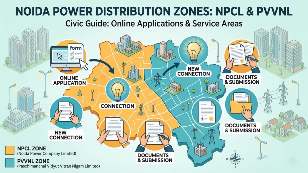 Illustrative graphic showing Noida electricity connection zones and the NPCL vs PVVNL application process