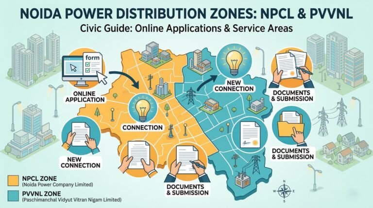 Illustrative graphic showing Noida electricity connection zones and the NPCL vs PVVNL application process