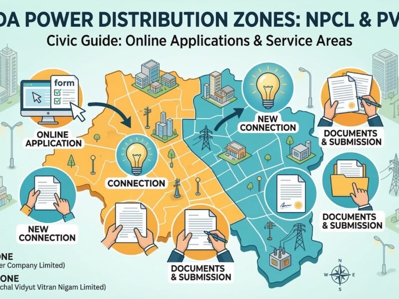 Illustrative graphic showing Noida electricity connection zones and the NPCL vs PVVNL application process