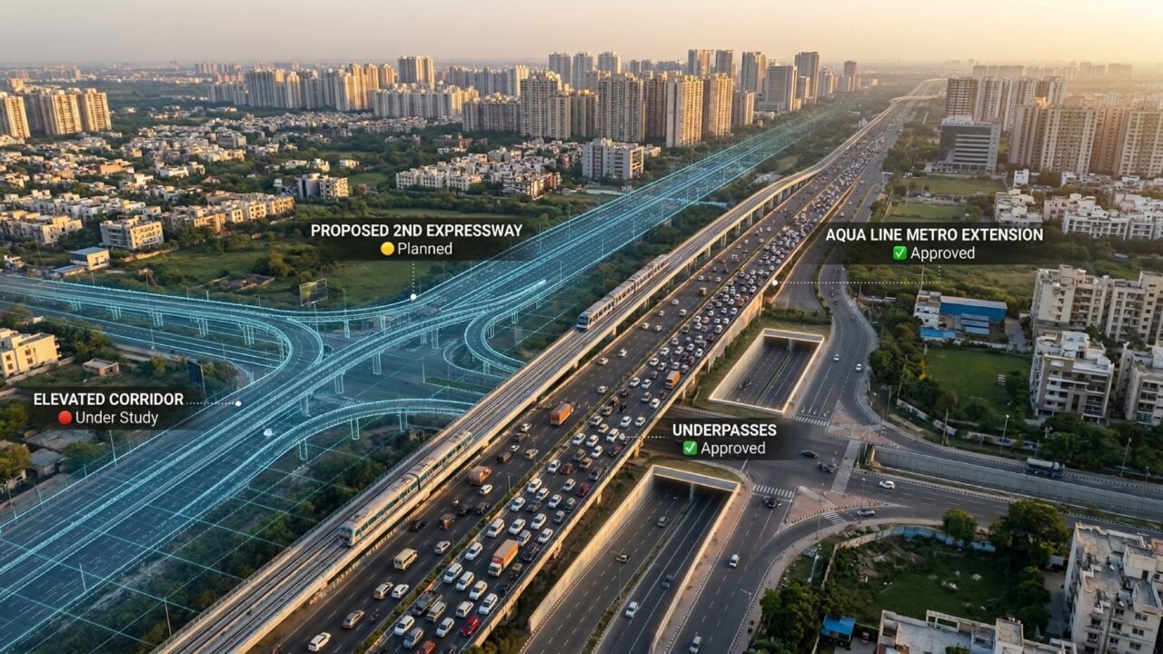 Noida Greater Noida Expressway with heavy traffic showing approved metro extension and underpasses alongside planned second expressway and elevated corridor under study