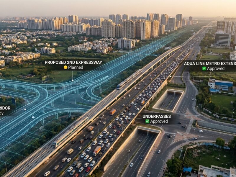 Noida Greater Noida Expressway with heavy traffic showing approved metro extension and underpasses alongside planned second expressway and elevated corridor under study