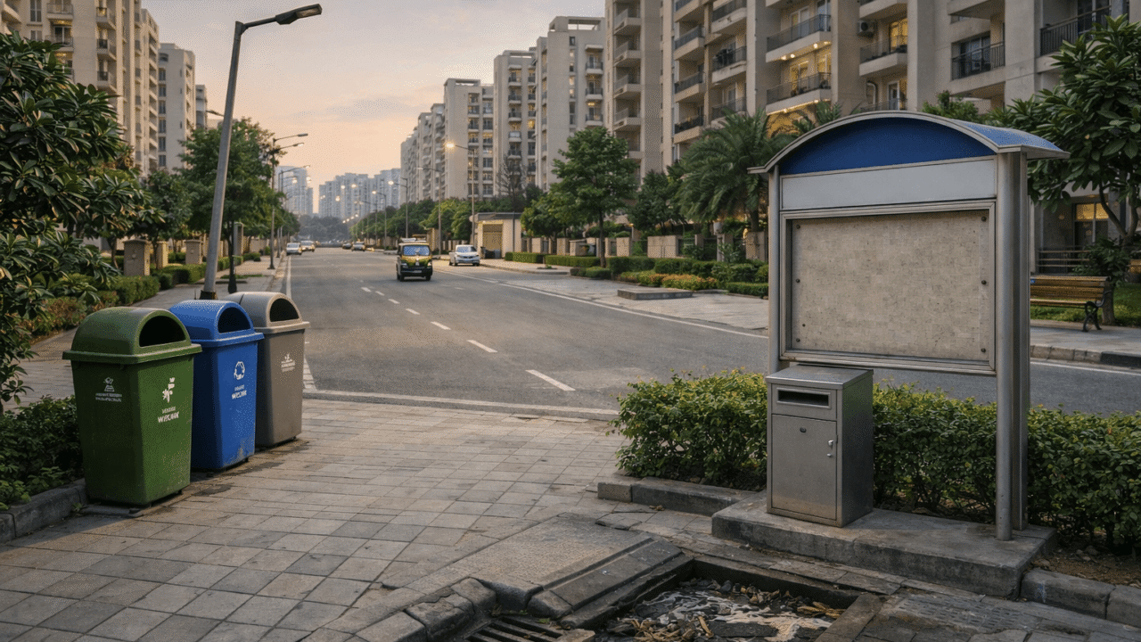 Residential street in Noida with bins, drainage and public complaint-style notice board representing civic grievance issues