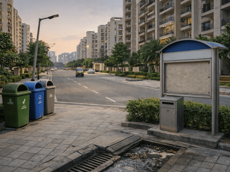 Residential street in Noida with bins, drainage and public complaint-style notice board representing civic grievance issues