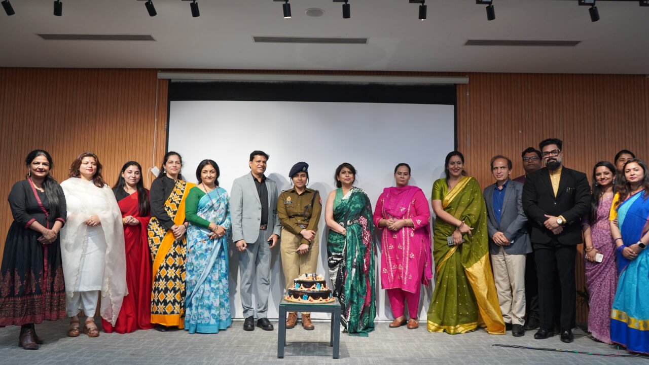 Women leaders and university officials during the Aarohini International Women’s Day celebration at Noida International University in Greater Noida