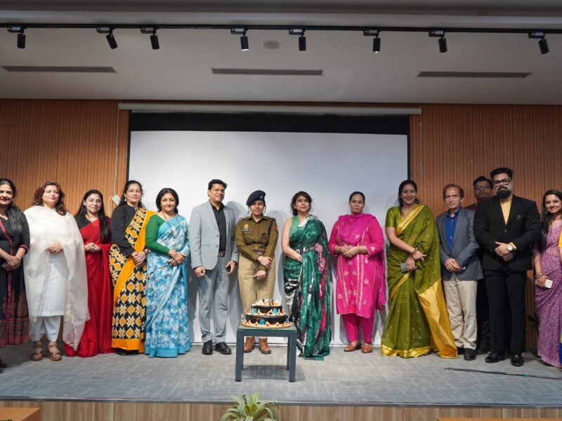 Women leaders and university officials during the Aarohini International Women’s Day celebration at Noida International University in Greater Noida