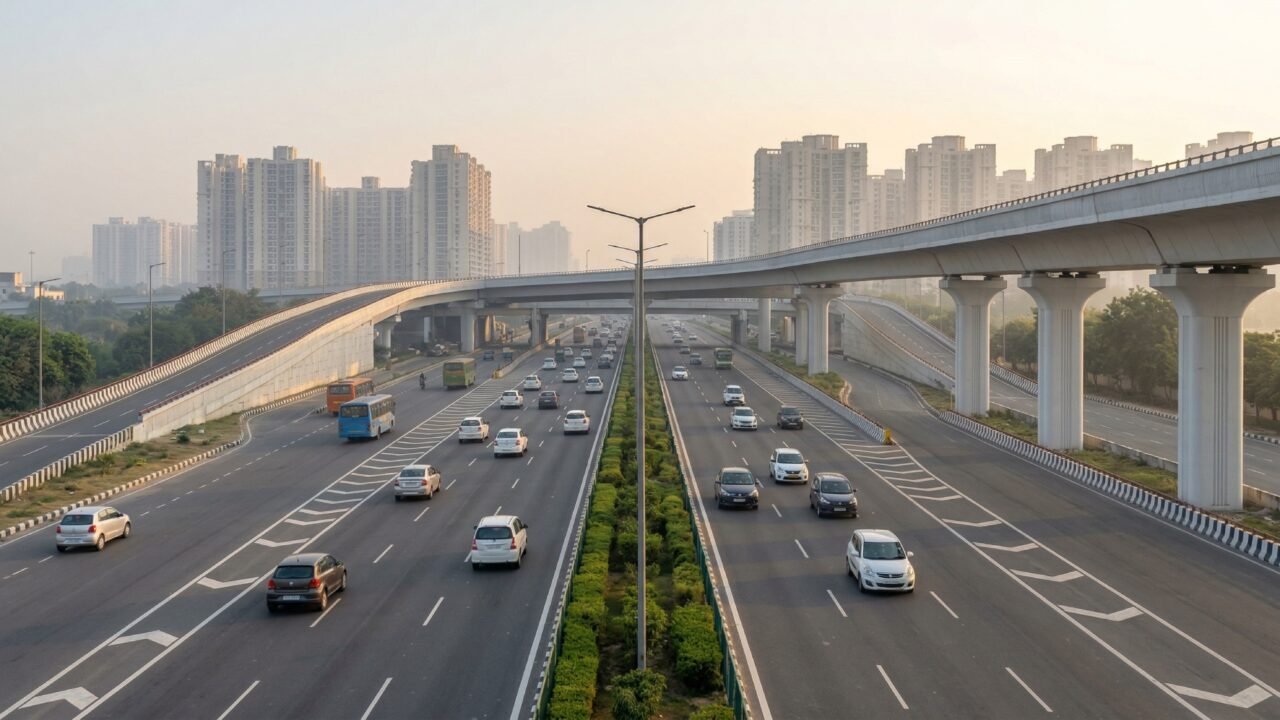 Morning traffic on Noida–Greater Noida Expressway under elevated road near Mahamaya Flyover