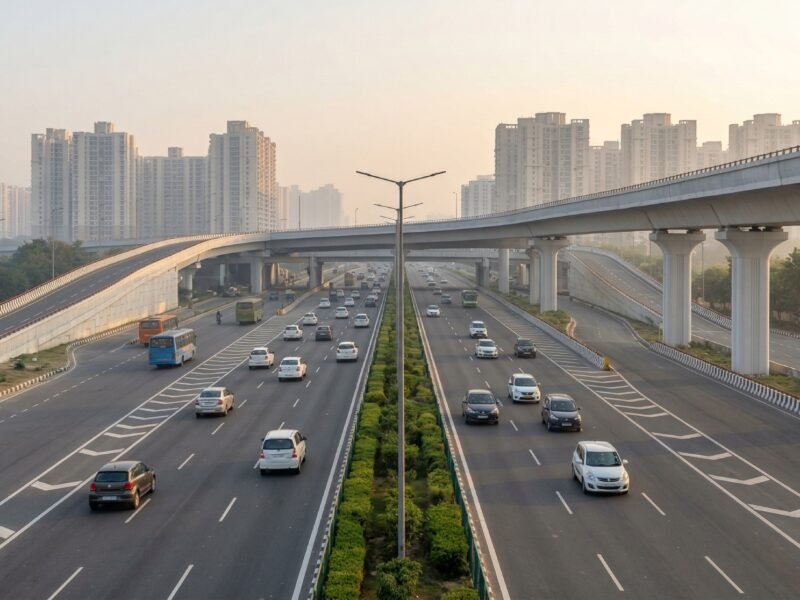 Morning traffic on Noida–Greater Noida Expressway under elevated road near Mahamaya Flyover