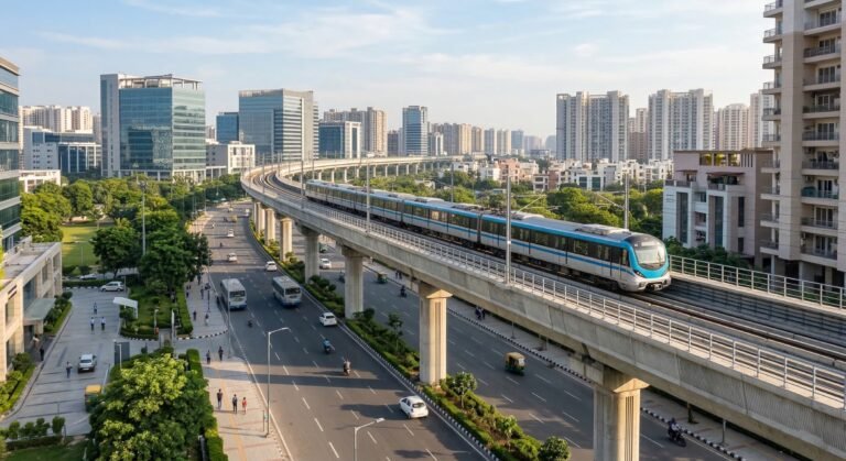 Elevated metro train on the Aqua Line corridor in Noida with urban roads and residential towers below