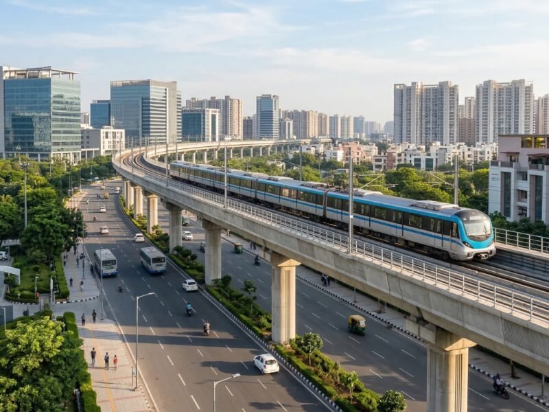 Elevated metro train on the Aqua Line corridor in Noida with urban roads and residential towers below