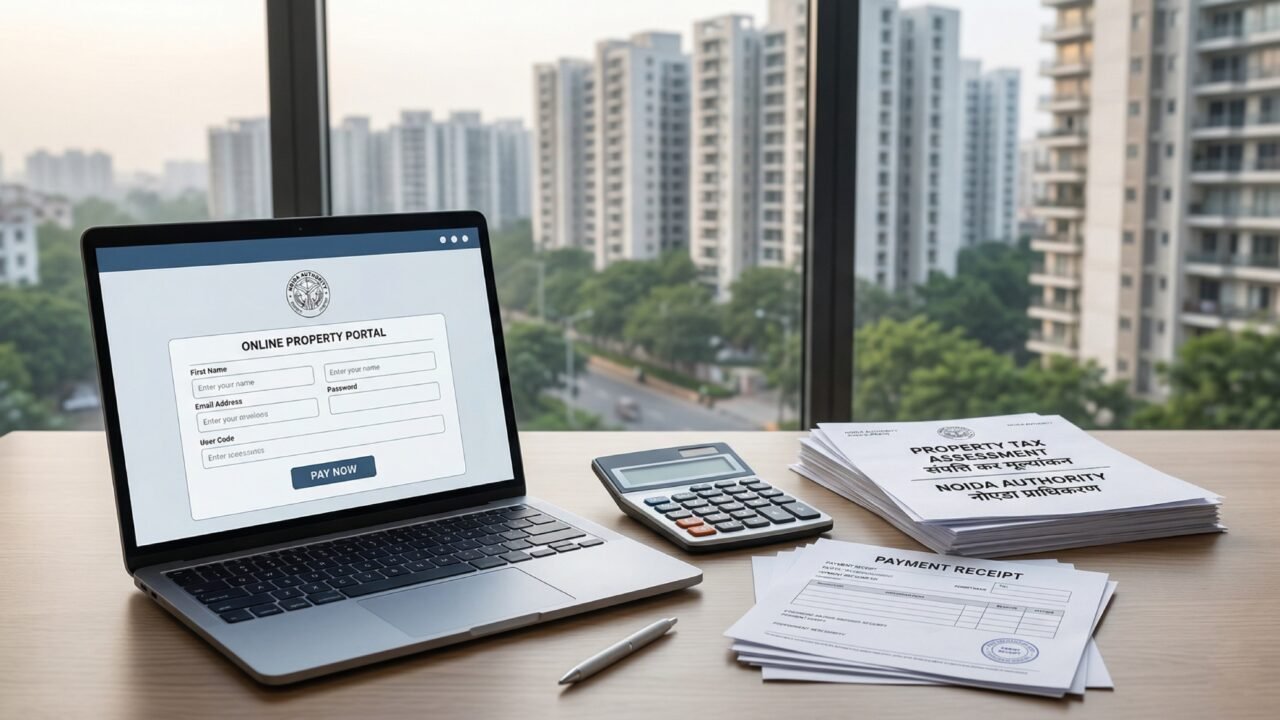 Laptop, calculator and property documents representing online property tax payment in Noida