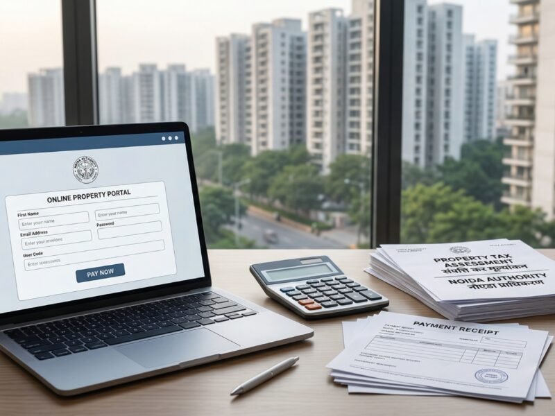 Laptop, calculator and property documents representing online property tax payment in Noida