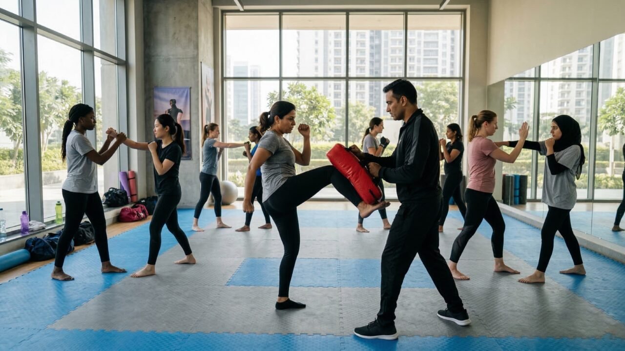 Women and students in Noida learning self-defence techniques from a trained instructor in a well-lit gym.
