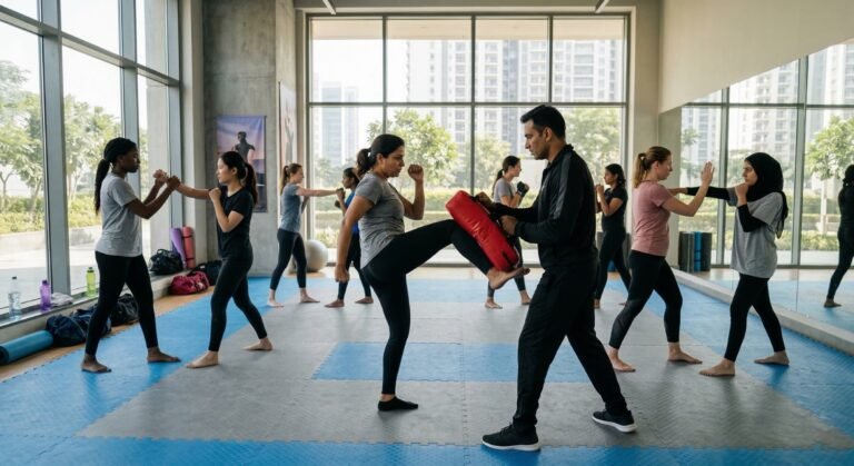 Women and students in Noida learning self-defence techniques from a trained instructor in a well-lit gym.