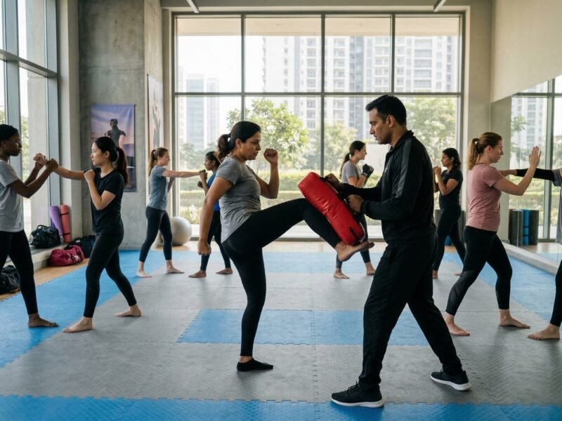 Women and students in Noida learning self-defence techniques from a trained instructor in a well-lit gym.