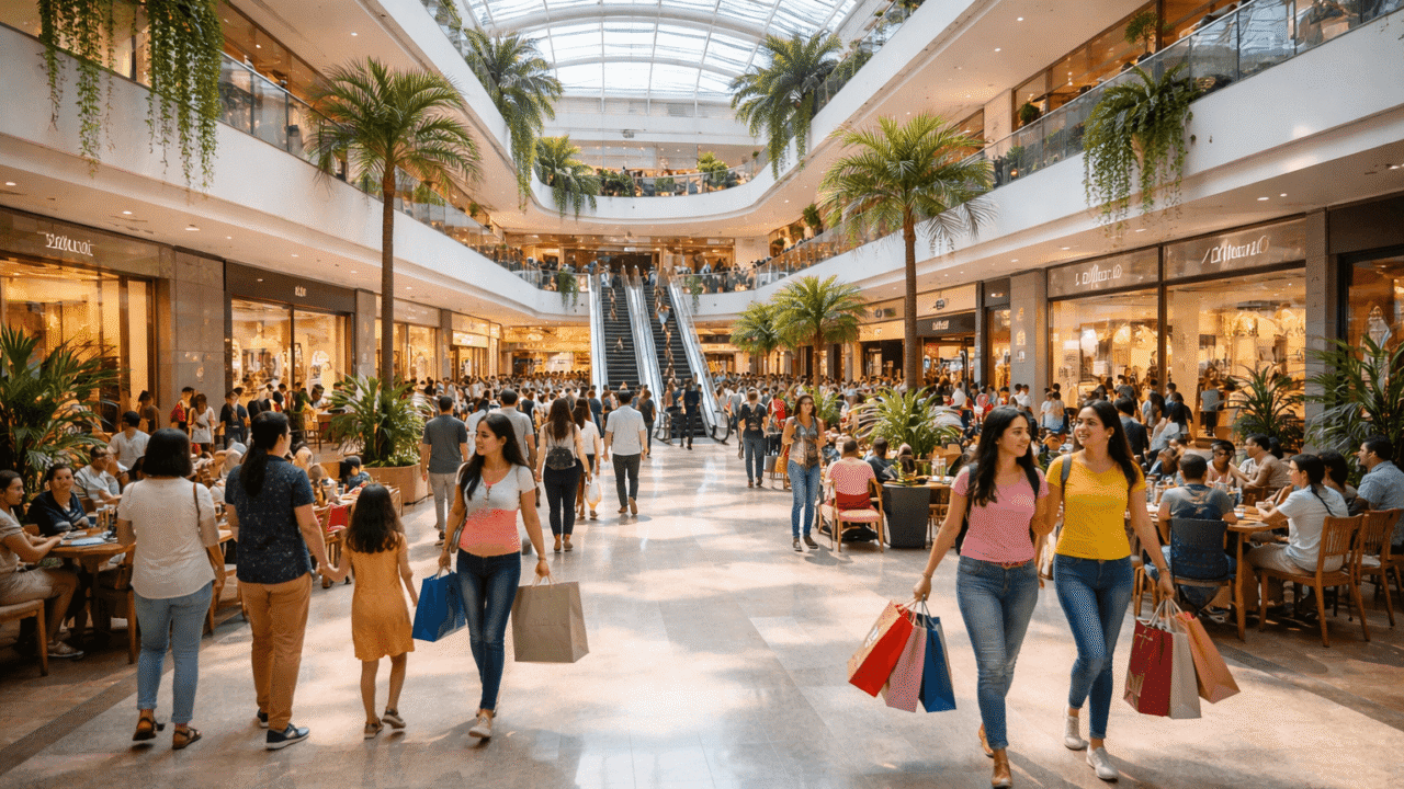 Busy modern shopping mall atrium in Noida with shoppers, cafes and retail stores.