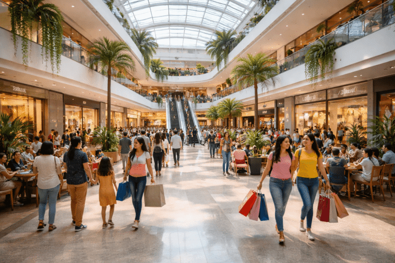 Busy modern shopping mall atrium in Noida with shoppers, cafes and retail stores.