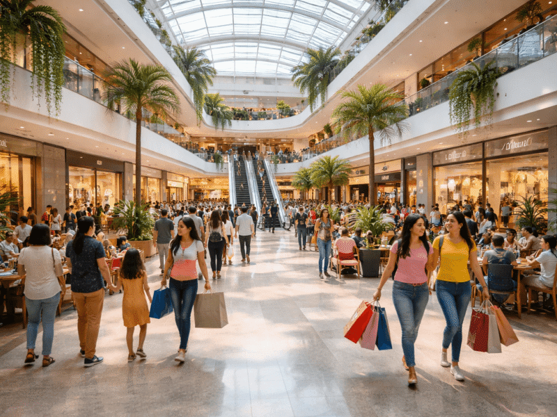 Busy modern shopping mall atrium in Noida with shoppers, cafes and retail stores.