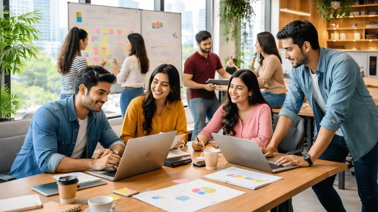 Diverse team of young entrepreneurs collaborating actively in a modern, sunlit startup office in Noida, brainstorming ideas on a whiteboard.