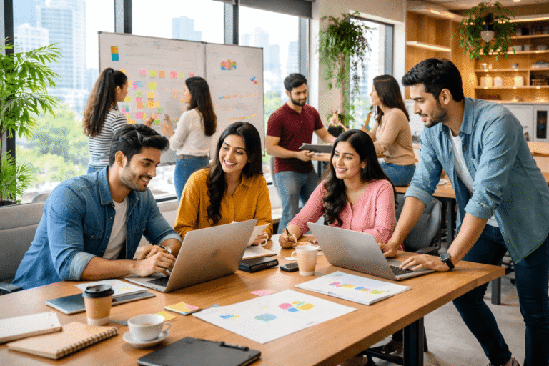 Diverse team of young entrepreneurs collaborating actively in a modern, sunlit startup office in Noida, brainstorming ideas on a whiteboard.