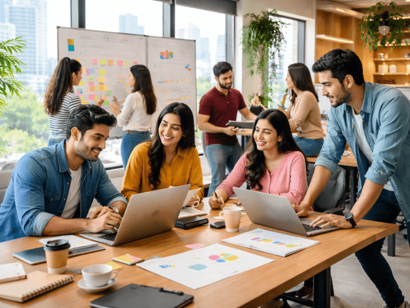 Diverse team of young entrepreneurs collaborating actively in a modern, sunlit startup office in Noida, brainstorming ideas on a whiteboard.