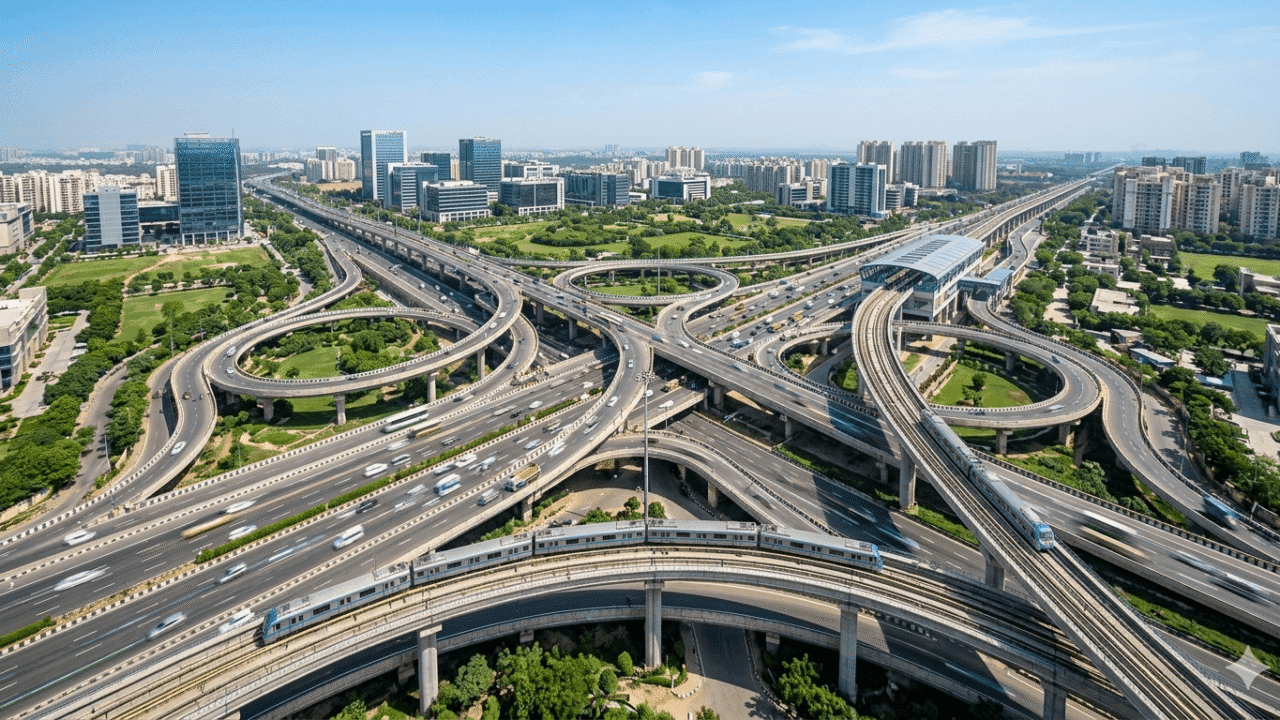 Aerial view of Noida's modern infrastructure featuring a multi-lane expressway curving alongside an elevated metro track, with futuristic high-rise buildings in the background, symbolizing urban connectivity and growth.