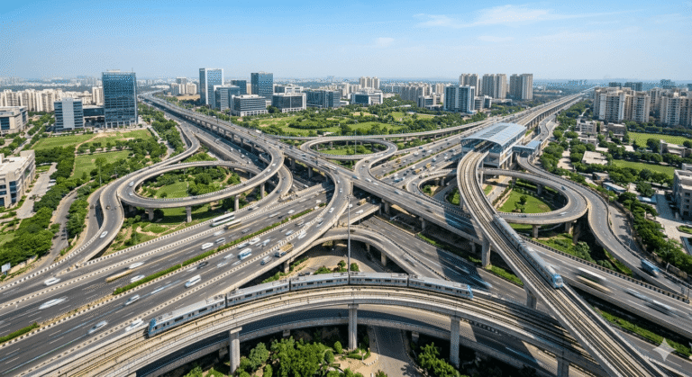 Aerial view of Noida's modern infrastructure featuring a multi-lane expressway curving alongside an elevated metro track, with futuristic high-rise buildings in the background, symbolizing urban connectivity and growth.
