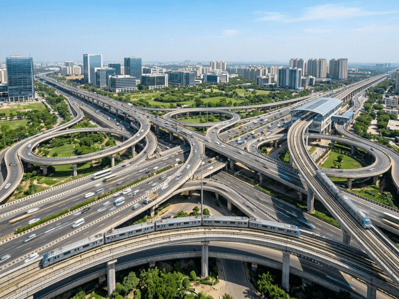 Aerial view of Noida's modern infrastructure featuring a multi-lane expressway curving alongside an elevated metro track, with futuristic high-rise buildings in the background, symbolizing urban connectivity and growth.