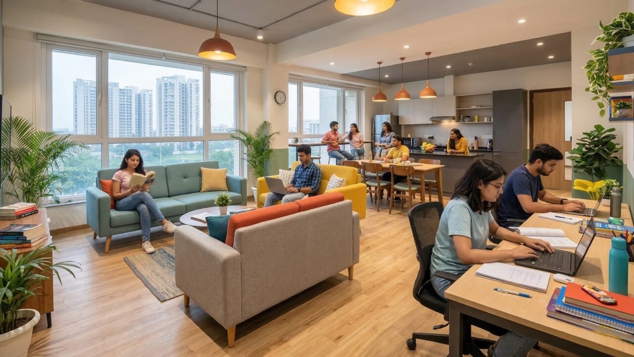 Group of students studying and relaxing in a modern, well-lit co-living common area in Noida.