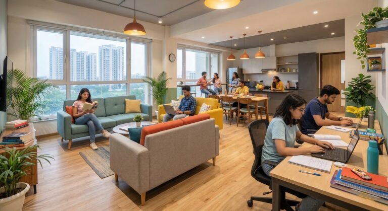 Group of students studying and relaxing in a modern, well-lit co-living common area in Noida.