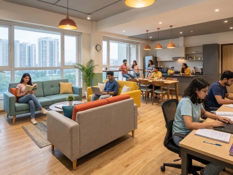 Group of students studying and relaxing in a modern, well-lit co-living common area in Noida.