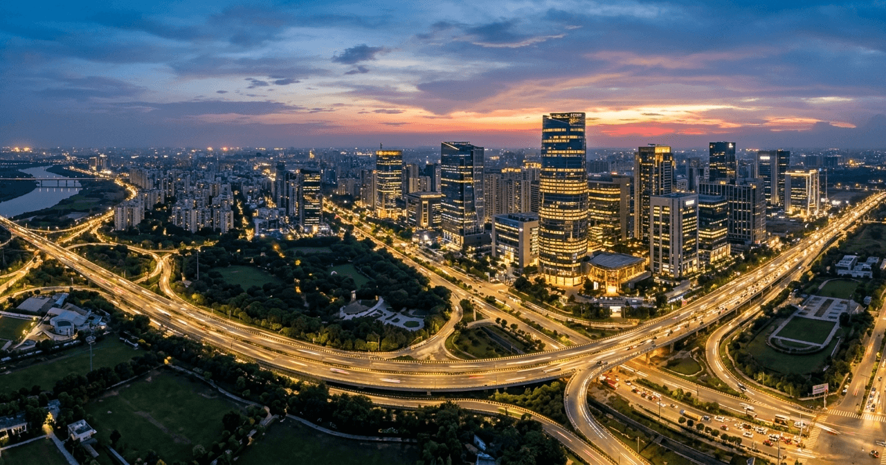 Aerial skyline view of Noida’s modern business district and expressways at dusk, showing the city’s rapid infrastructure and technology-driven growth.