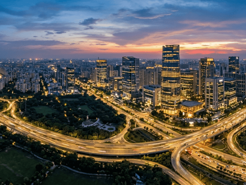 Aerial skyline view of Noida’s modern business district and expressways at dusk, showing the city’s rapid infrastructure and technology-driven growth.